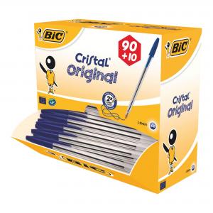 Encre traditionnelle.
Pointe conique moyenne, trait 0,4 mm.
Lot de 100 stylos Bic Cristal bleu, dont 10 gratuits.
Certifié NF Environnement.